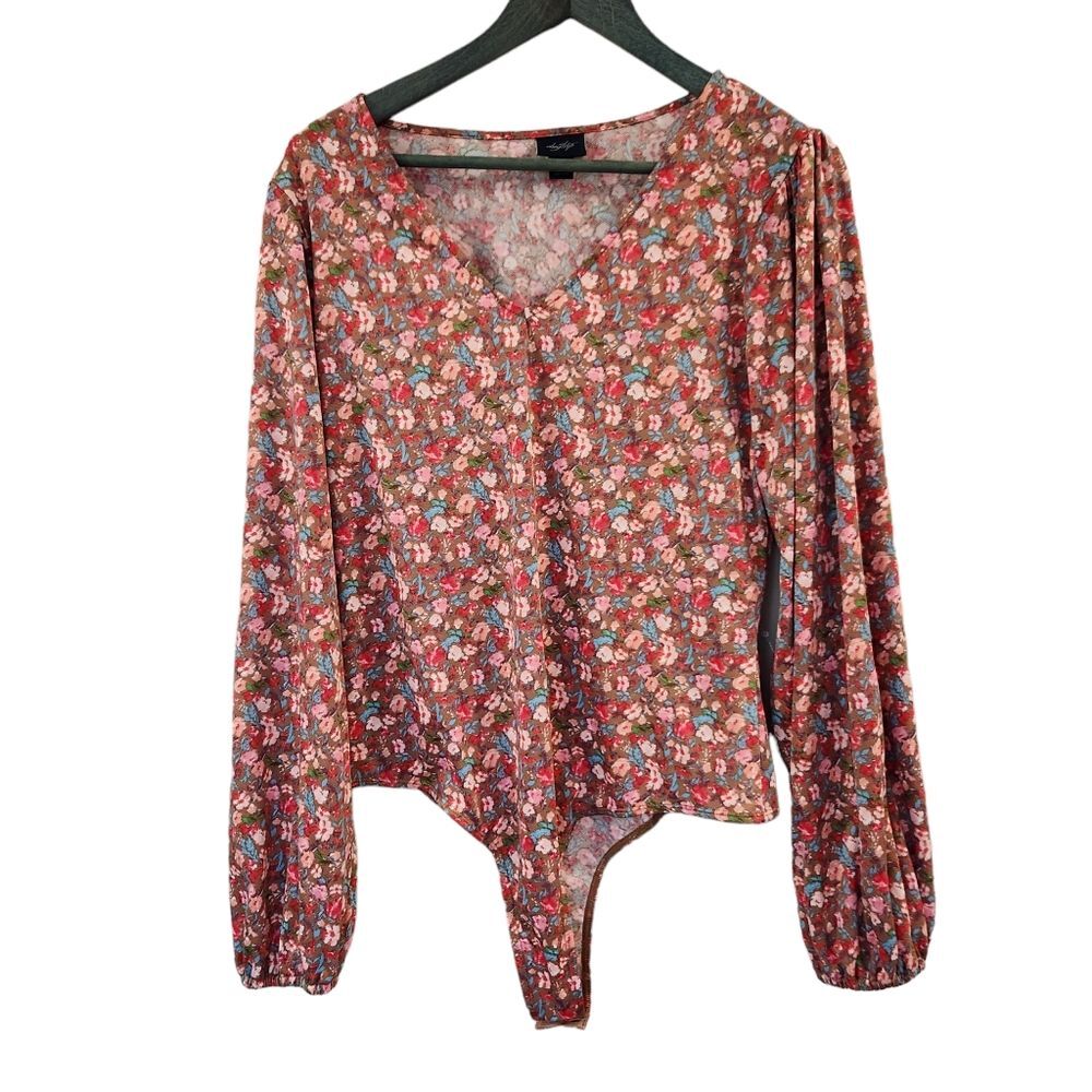 Daytrip Womens L Floral Long Puff Sleeve V-Neck Bodysuit Brown Pink Blue